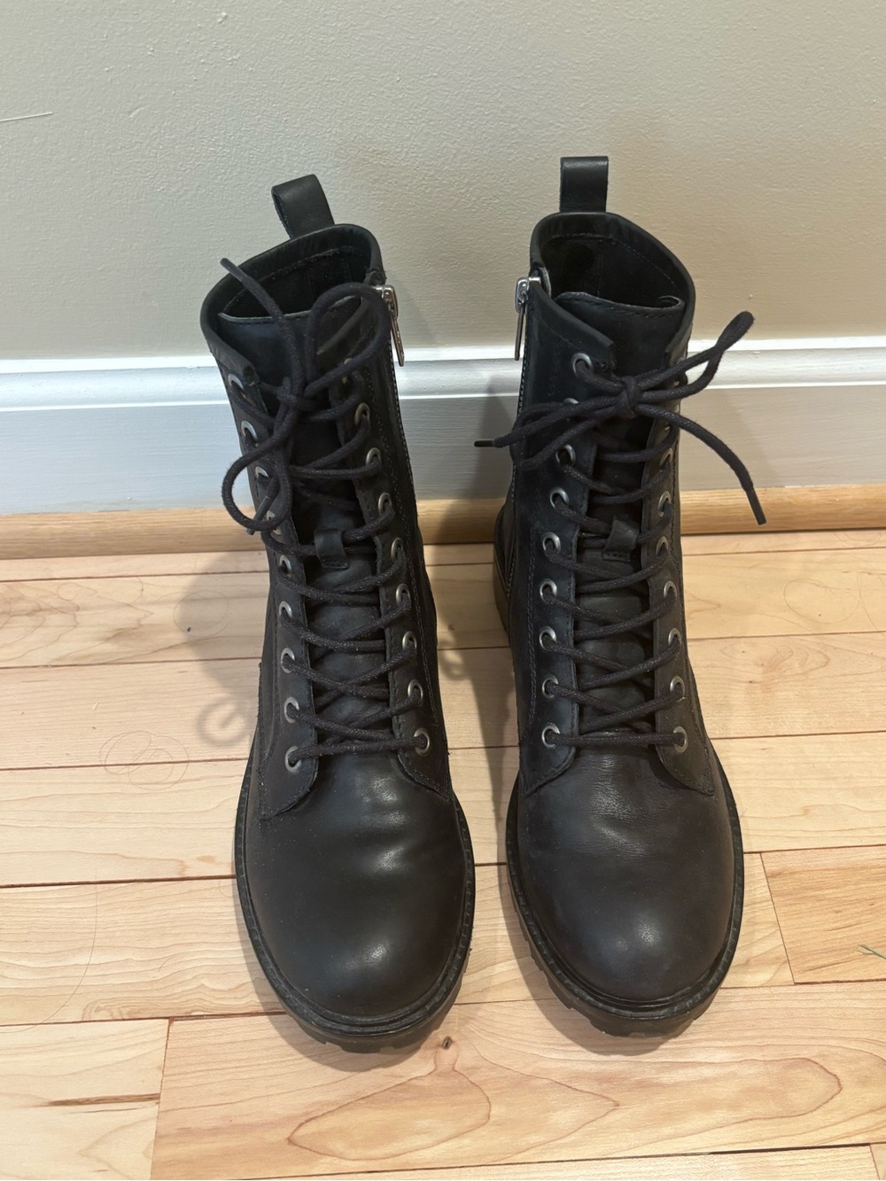 Frye Foster Combat Boots Black Leather Lace Up Side Zip Size 7.5 - Picture 2 of 11
